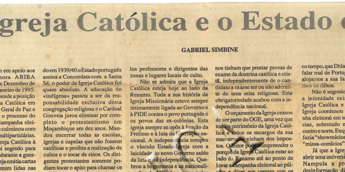A Igreja Católica e o Estado colonial de 20 de janeiro de 1995