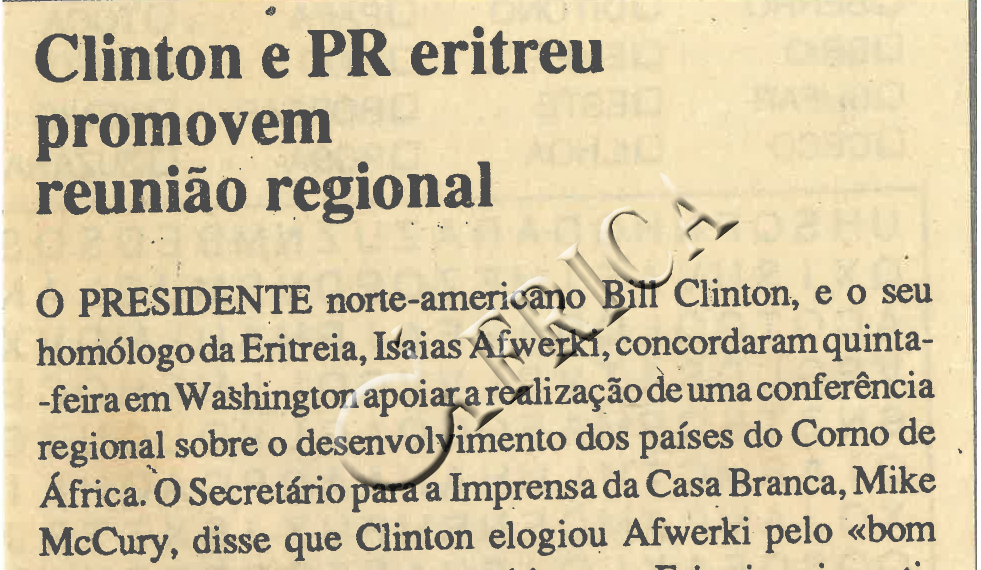 Clinton e PR eritreu promovem reunião regional 04 de Fevereiro de 1995