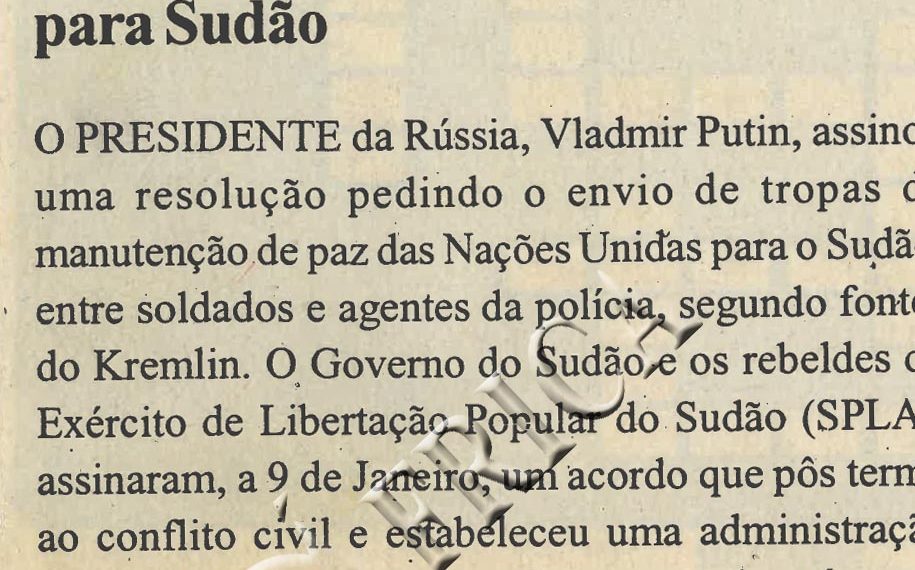 Rússia poderá enviar tropas para Sudão 08 de Fevereiro de 2005
