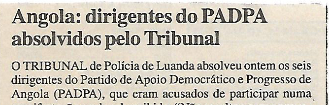 Angola: dirigentes do PADPA absolvidos pelo Tribunal – 31 de Janeiro de 2001