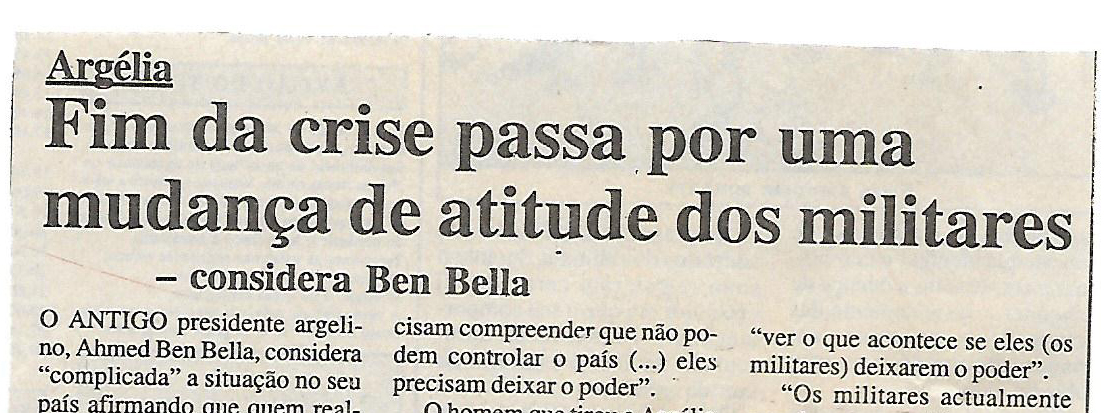 Argélia fim da crise passa por mudança de atitude dos militares – 30 de Janeiro de 2001