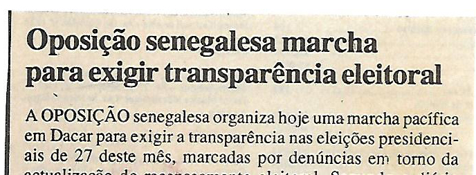 Oposição senegalesa marcha para exigir transparência eleitoral – 2 de Fevereiro de 2000
