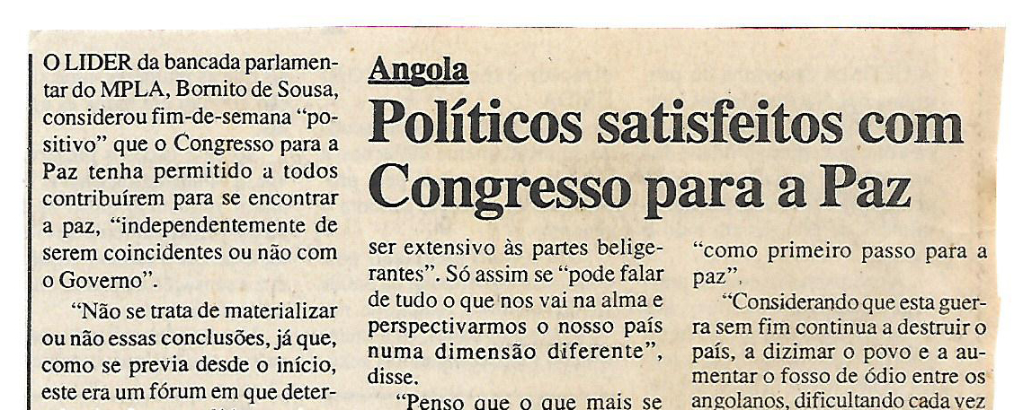 Angola: Políticos satisfeitos com Congresso para a Paz – 29 de Julho de 2000