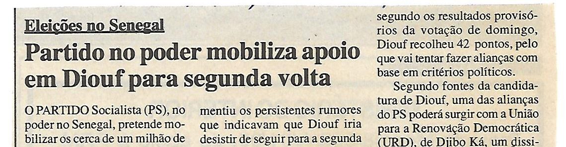 Eleições no Senegal: Partido no poder mobiliza apoio em Diouf para segunda volta – 3 de Março 2000