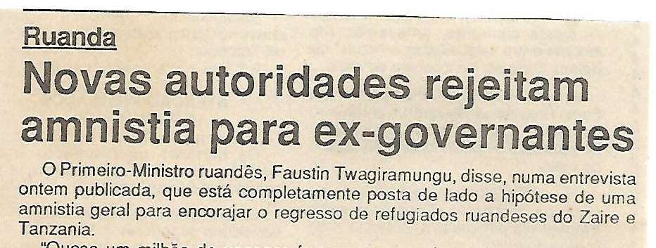 Ruanda: Novas autoridades rejeitam amnistia para ex-governantes – 13 de Setembro de 1994