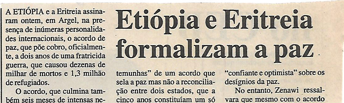 Etiópia e Eritreia formalizam a paz – 13 de Dezembro de 2000