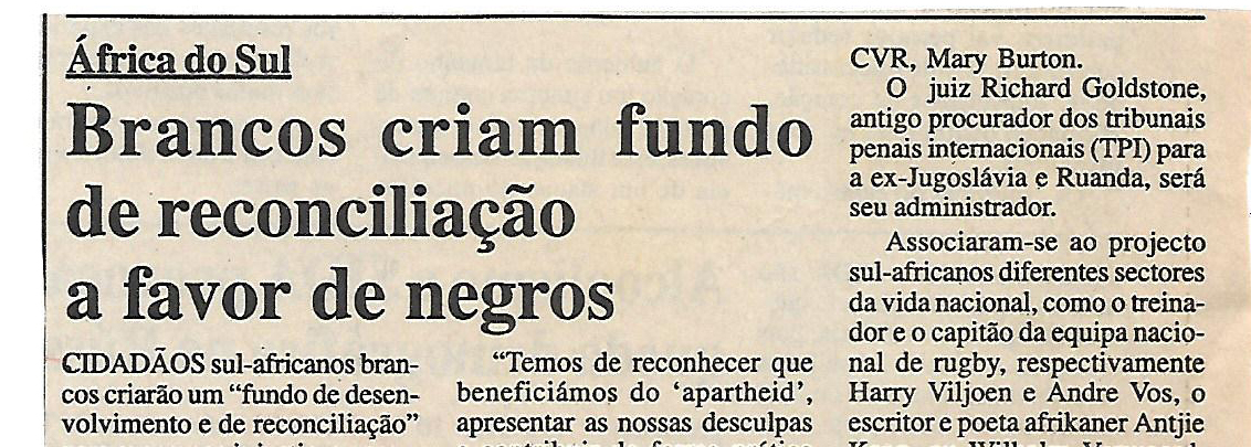 África do Sul: Brancos criam fundo de reconciliação a favor de negros – 13 de Dezembro de 2000