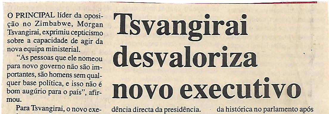 Tsvangirai desvaloriza novo executivo – 18 de Julho de 2000