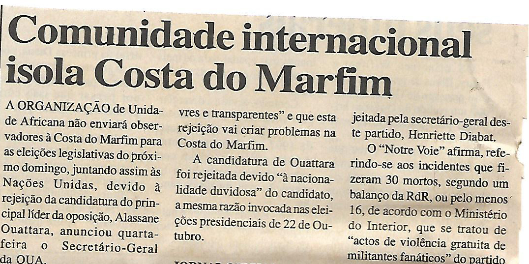 Comunidade internacional isola Costa do Marfim – 08 de Dezembro de 2000