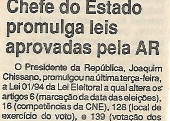 Chefe do Estado promulga leis aprovadas pela AR – 15 de Setembro de 1994