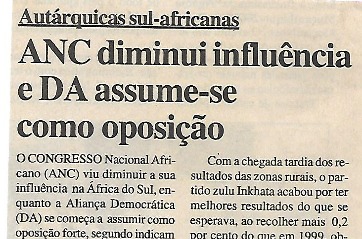 ANC diminui influência e DA assume-se como oposição, eleições autárquicas sul-africanas – 8 de Dezembro de 2000