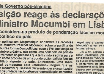 Oposição reage às declarações do Ministro Mocumbi em Lisboa, Partilha de Governo pós-eleições – 06 de Setembro de 1994