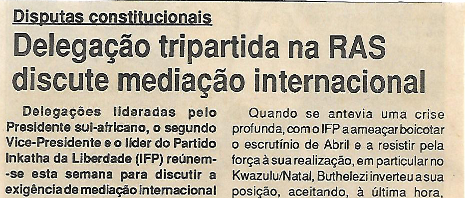 Delegação tripartida na RAS discute mediação internacional – 8 de Setembro de 1994