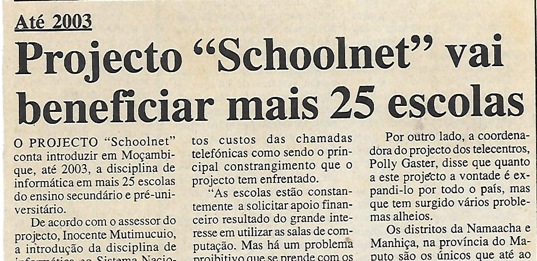 Projecto “Schoolnet” vai beneficiar mais 25 escolas – 4 de Agosto de 2000