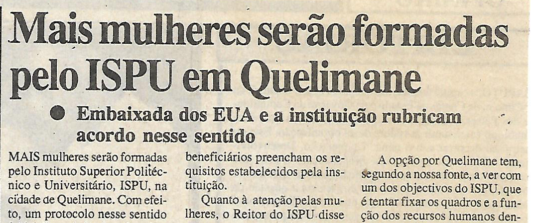 Mais mulheres serão formadas pelo ISPU em Quelimane – 17 de Julho de 2000