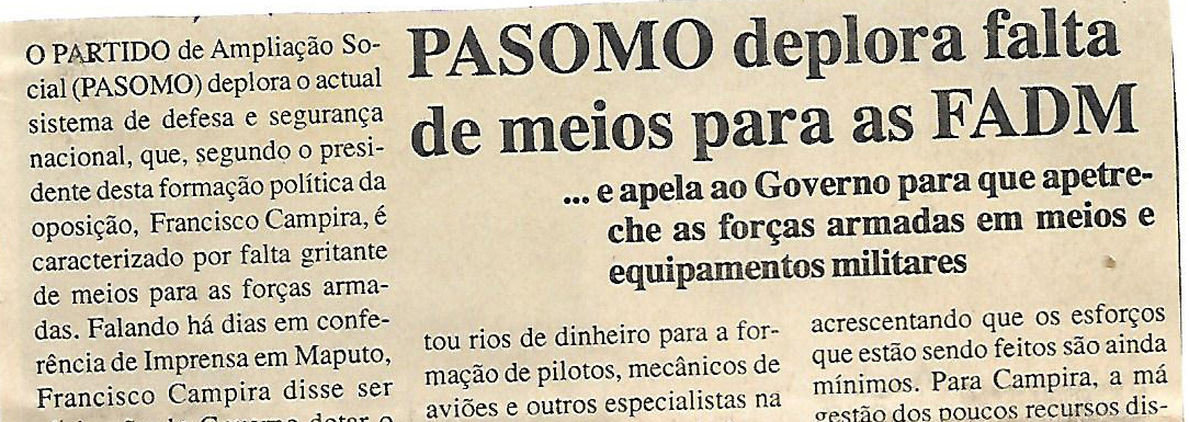 PASOMO deplora falta de meios para as FADM – 18 de Julho de 2000