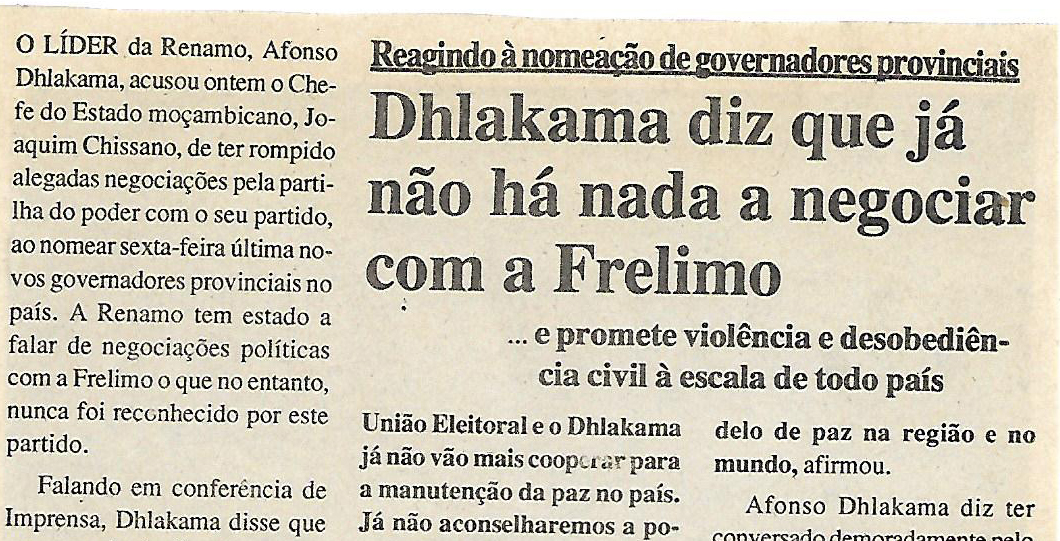 Dhlakama diz que já não há nada a negociar com a Frelimo – 18 de Julho de 2000