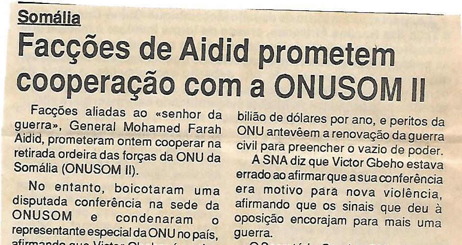 Facções de Aidid prometem cooperação com a ONUSOM II – 5 de Novembro de 1994