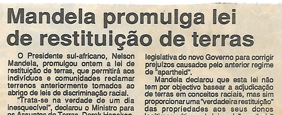 Mandela promulga lei de restituição de terras – 18 de Novembro 1994
