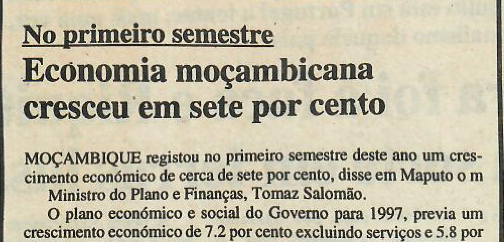 Economia moçambicana cresceu em sete por cento no primeiro semestre – 10 de Setembro de 1997