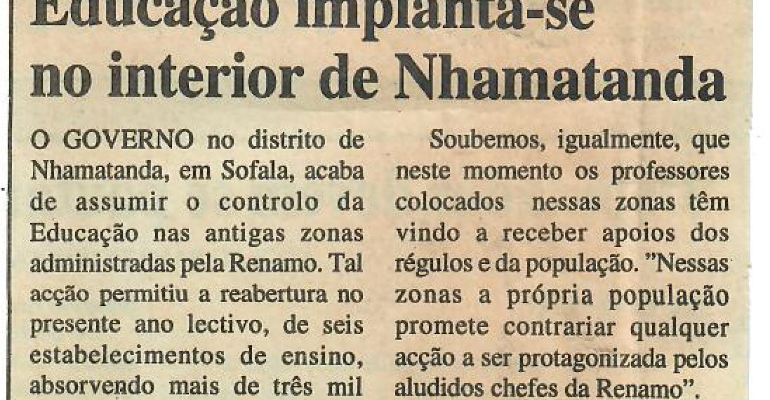 Educação implanta-se no interior de Nhamatanda – 15 de Abril de 1997