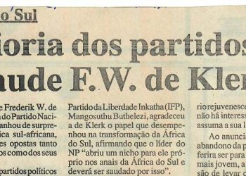 África do Sul – Maioria dos partidos aplaude F.W. de Klerk – 29 de Agosto de 1997