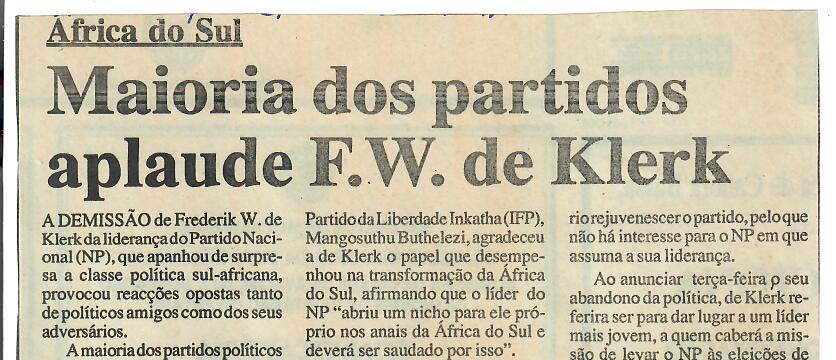 África do Sul – Maioria dos partidos aplaude F.W. de Klerk – 29 de Agosto de 1997