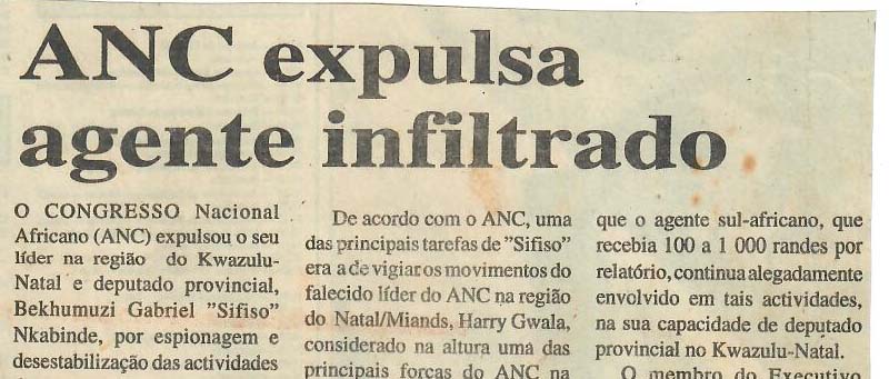 ANC (África do Sul) expulsa agente infiltrado – 09 de Abril de 1997