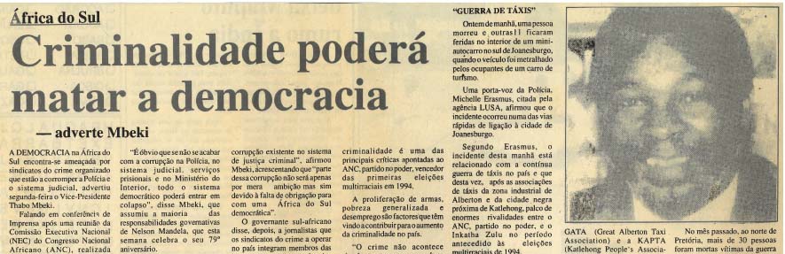 África do Sul – Criminalidade poderá matar a democracia – 16 de Julho de 1997