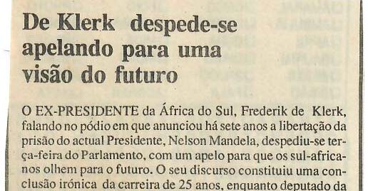 De Klerk (África do Sul) despede-se apelando para uma visão do futuro – 11 de Setembro de 1997