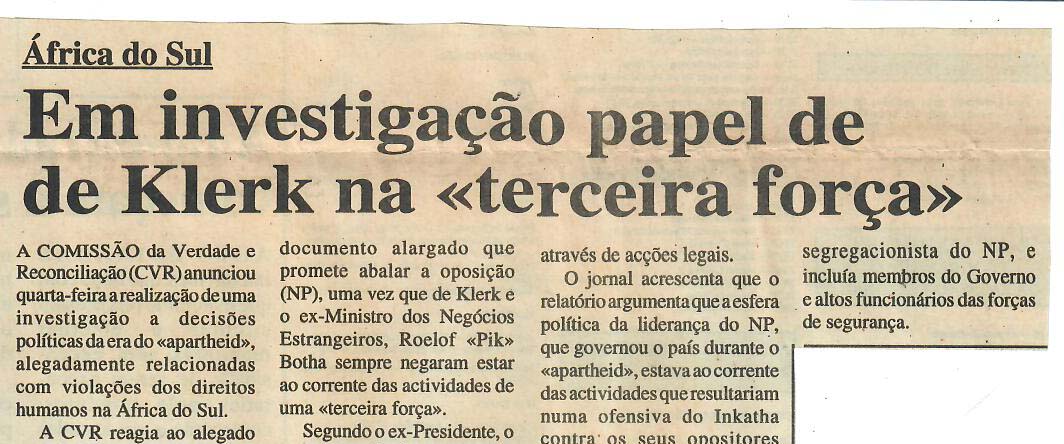 África do Sul – Em investigação papel de Klerk na “terceira força” – 11 de Abril de 1997