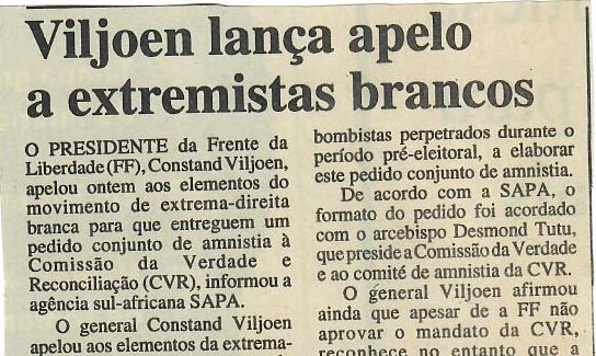 Viljoen lança apelo a extremistas brancos (África do Sul) – 29 de Abril de 1997