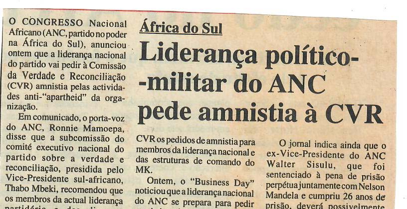 África do Sul – Liderança político-militar do ANC pede amnistia à CVR – 03 de Maio de 1997