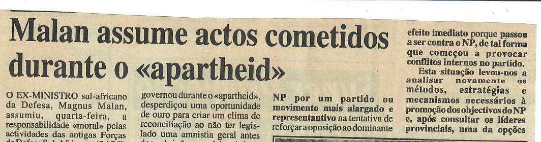 Malan assume actos cometidos durante o “apartheid” – 09 de Maio de 1997
