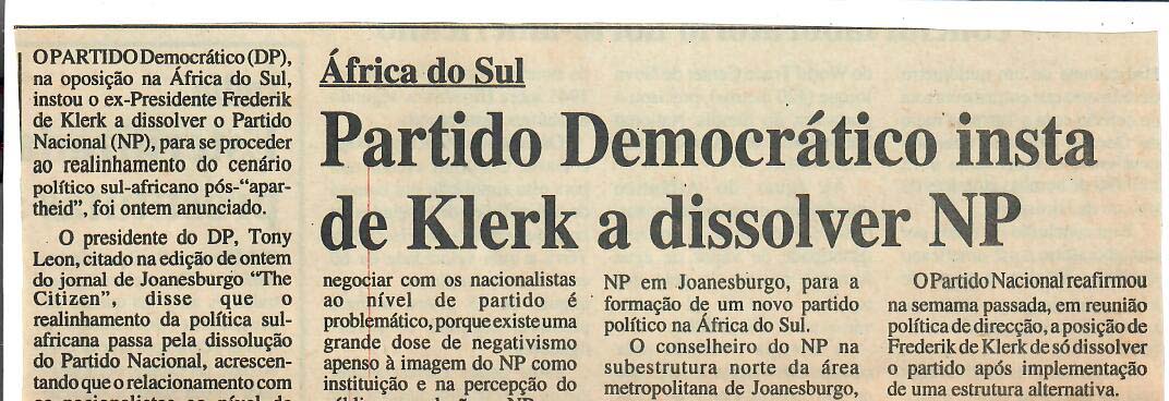 África do Sul – Partido Democrático insta de Klerk a dissolver NP – 22 de Abril de 1997