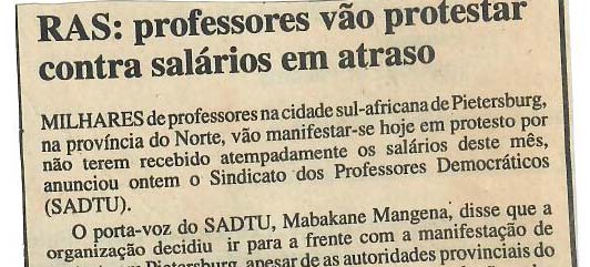 RAS: professores vão protestar contra salários em atraso – 29 de Abril de 1997