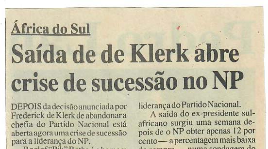 África do Sul – Saída de de Klerk abre crise de sucessão no NP – 28 de Agosto de 1997