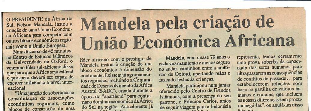 Mandela pela criação de União Económica Africana – 22 de Julho de 1997