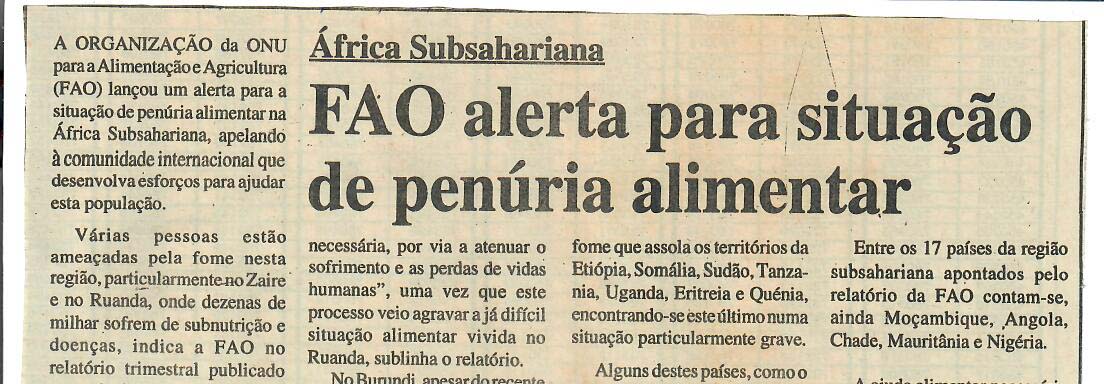 África Subsahariana – FAO alerta para situação de penúria alimentar – 21 de Maio de 1997