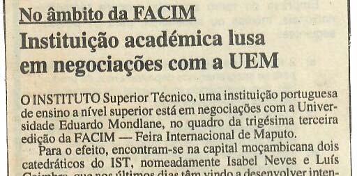 No âmbito da FACIM – Instituição académica lusa em negociações com a UEM – 03 de Setembro de 1997