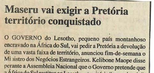 Maseru (Lesoto) vai exigir a Pretória território conquistado – 05 de Maio de 1997