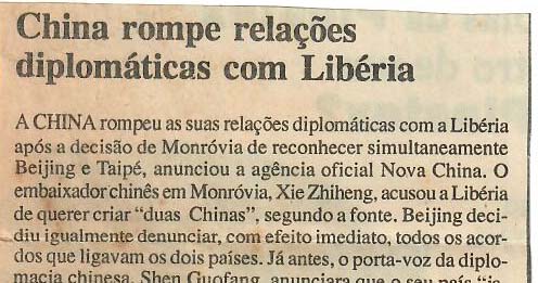 China rompe relações diplomáticas com Libéria – 11 de Setembro de 1997
