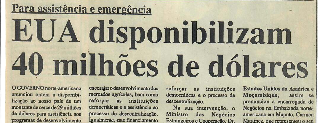 Para assistência e emergência – EUA disponibilizam 40 milhões de dólares – 30 de Abril de 1997