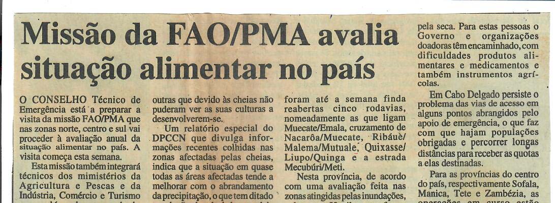 Missão da FAO/PMA avalia situação alimentar no país – 15 de Abril de 1997