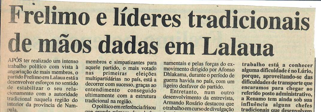 Frelimo e líderes tradicionais de mãos dadas em Lalaua – 25 de Setembro de 1997