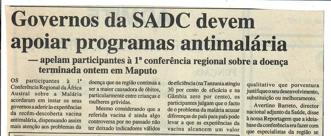 Governos da SADC devem apoiar programas antimalária – 17 de Maio de 1997