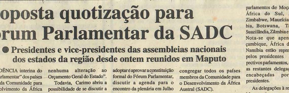 Proposta quotização para Fórum Parlamentar da SADC – 05 de Abril de 1997