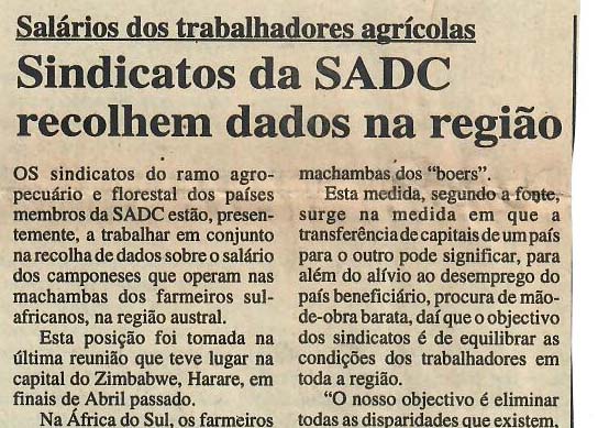 Salários dos trabalhadores agrícolas  – Sindicatos da SADC recolhem dados na região – 07 de Maio de 1997