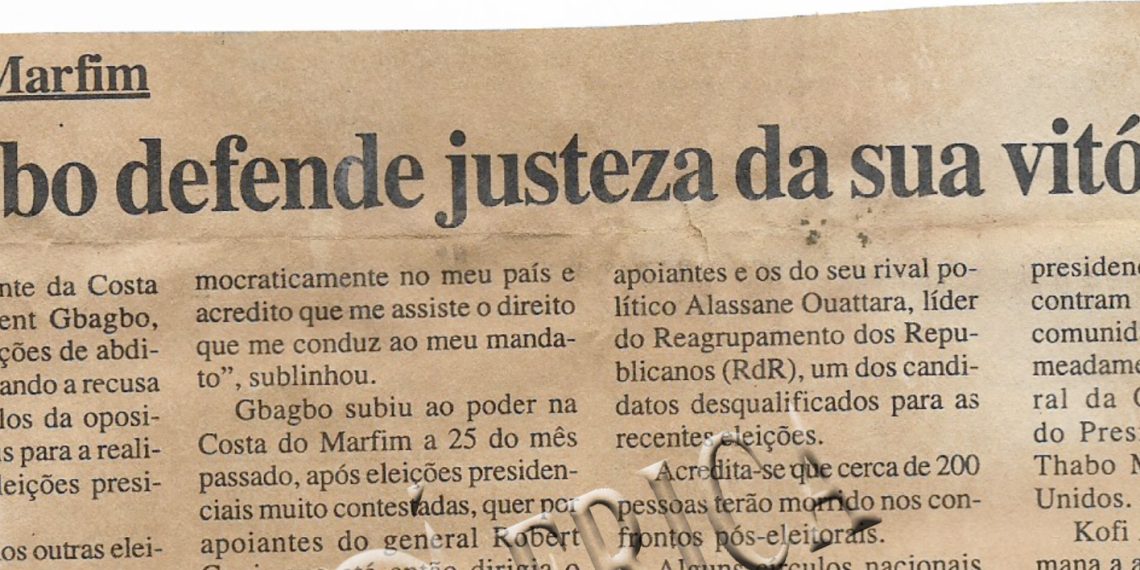 Costa do Marfim – Gbagbo defende justeza da sua vitória – 01 de Novembro de 2000