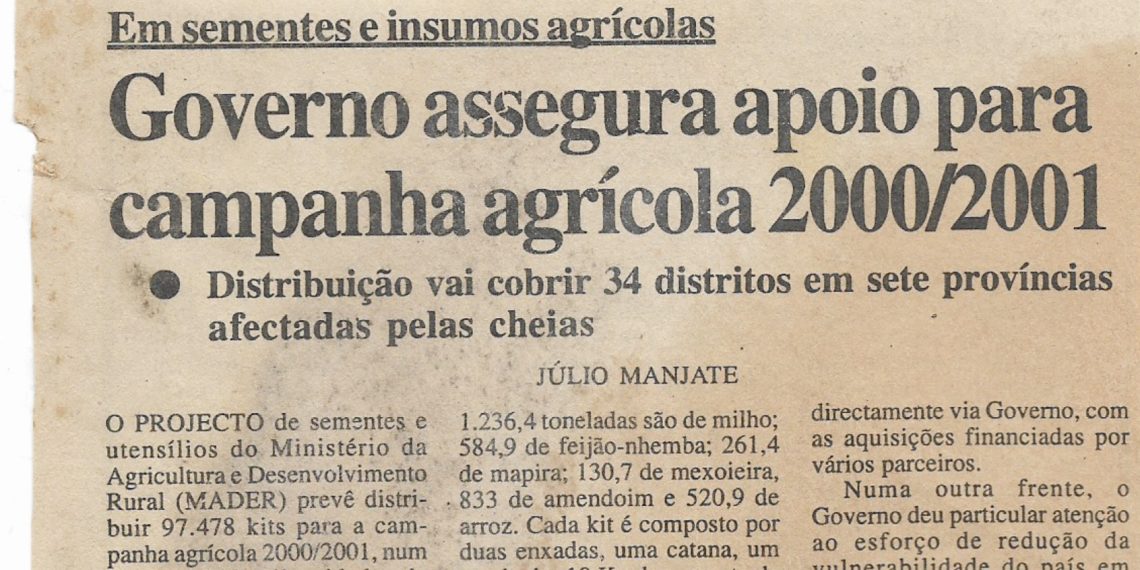 Em sementes e insumos agrícolas – Governo assegura apoio para campanha agrícola 2000/2001 – 01 de Novembro de 2000